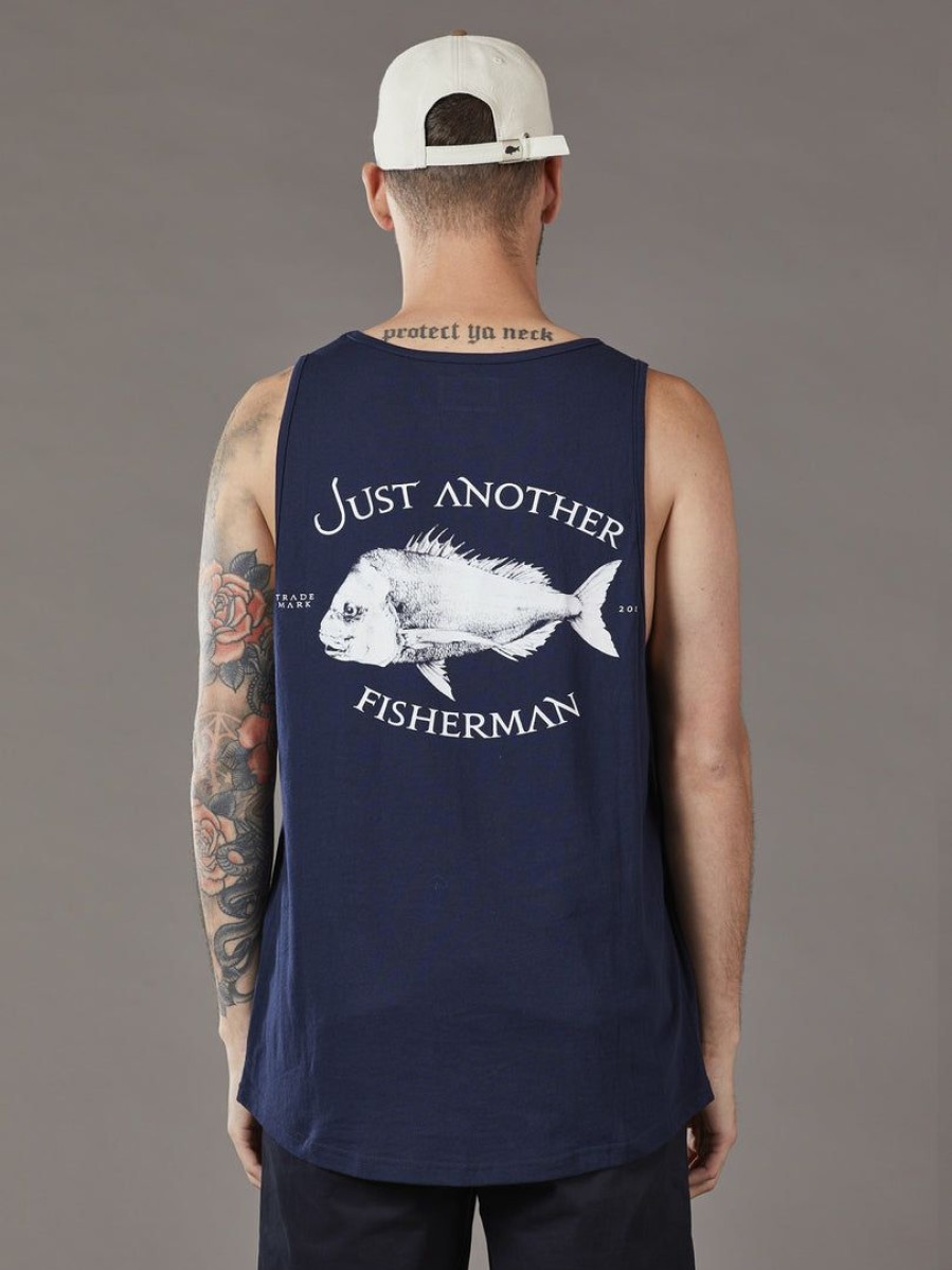 Apparel * | Just Another Fisherman Snapper Logo Singlet Navy Apparel